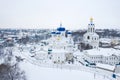 Winter drone shot of Holy Bogolubsky Women`s Monastery, in Bogolubovo Royalty Free Stock Photo