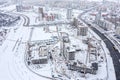 Winter aerial panoramic view of large construction site. new residential district under construction Royalty Free Stock Photo