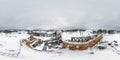 winter aerial view full hdri seamless spherical 360 panorama over old abandoned medieval castle in snow in equirectangular