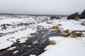 Winter aerial view of the river valley and waterfall. Freezing river. Royalty Free Stock Photo