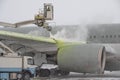 Winter at the airport. Snow storm. Airplane de-icing before take off. De-icing the aircraft before the flight. The de