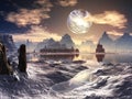 Winter Alien Landscape with Damaged Moon in Orbit
