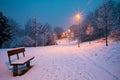 Winter alley with benches and lanterns at night Royalty Free Stock Photo