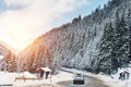 Winter alpine road curve landscape with forest, mountains and blue sky on background at bright cold sunny day. Car trip family Royalty Free Stock Photo