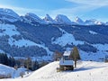 Winter alpine snow peaks of the Churfirsten mountain range between Lake Walenstadt or Lake Walen Walensee and the Thur valley Royalty Free Stock Photo