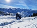 Winter alpine snow peaks of the Churfirsten mountain range between Lake Walenstadt or Lake Walen Walensee and the Thur valley Royalty Free Stock Photo