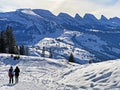 Winter alpine snow peaks of the Churfirsten mountain range between Lake Walenstadt or Lake Walen Walensee and the Thur valley Royalty Free Stock Photo