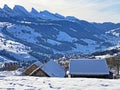 Winter alpine snow peaks of the Churfirsten mountain range between Lake Walenstadt or Lake Walen Walensee and the Thur valley Royalty Free Stock Photo