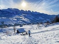 Winter alpine snow peaks of the Churfirsten mountain range between Lake Walenstadt or Lake Walen Walensee and the Thur valley Royalty Free Stock Photo