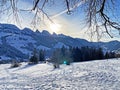 Winter alpine snow peaks of the Churfirsten mountain range between Lake Walenstadt or Lake Walen Walensee and the Thur valley Royalty Free Stock Photo