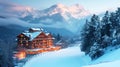 Winter alpine village in the Swiss Alps at sunset, panoramic view.