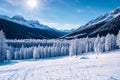 Winter in the Alps, beautiful back country, full of snow. Nice, blue, cloudy sky in the background. made