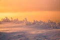 Winter. Sunrise. A panoramic view of the covered with snowy trees. Natural landscape with beautiful sky. Location Royalty Free Stock Photo