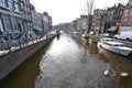 Winter in Amsterdam central river with floating birds swans