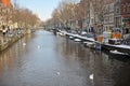 Winter in Amsterdam central river with floating birds swans