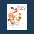 Winter animal poster design with squirrel, owl, rabbit watercolor illustration