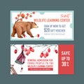 Winter animal voucher design with berry, plum, bear, girl watercolor illustration Royalty Free Stock Photo