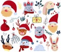 Winter animals head and Santa Claus, cute polar bear in a scarf, rabbit head, funny mouse, colorful flowers and leaves