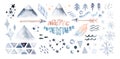 Winter arctic landscape set creator iceberg, ice, snowflakes, set of mountains and fur tree, pine tree tree collection.