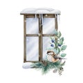 Winter arrangement with bird. Watercolor illustration. Hand drawn festive floral arrangement on winter window background