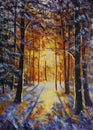 Winter art illustration. Winter landscape. Rays of the setting sun through the branches of trees in forest