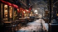 Winter atmosphere. Cozy restaurant with chirtsmas decorations. Empty winter street with snowy road and lights. Evening Royalty Free Stock Photo