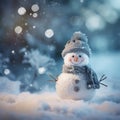 Winter atmospheric landscape with frost-covered snowman and blurred bokeh. Winter Christmas background with copy space Royalty Free Stock Photo