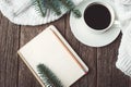 Winter and autumn composition. Top view of vintage notebook with fir tree and pencil, decorated with cup of coffee