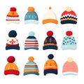 Winter or autumn headwear collection. Vector knitting hats, caps and scarfs for girls and boys for cold weather isolated on white