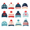 Winter or autumn headwear collection. Vector knitting hats, caps and scarfs for girls and boys for cold weather isolated on white