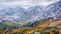 Winter scene in Romania, white frost over autumn trees