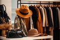 Winter or autumn wardrobe, coats and hats in natural color