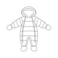 Winter baby overalls. Line art snow suit with hood. Baby clothing.