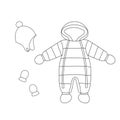 Winter baby overalls, winter hat and mittens. Line art snow suit with hood and accessories. Baby clothing.