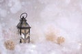 Winter background. Beautiful candlestick in the shape of a house in a snow fairy forest. Copy space Royalty Free Stock Photo