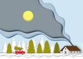 Winter background with beautiful house landscape view paper cut design vector and illustration