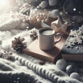winter background with a book and a coffee cup. ai generative Royalty Free Stock Photo