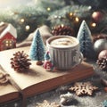 winter background with a book and a coffee cup. ai generative Royalty Free Stock Photo