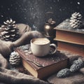 winter background with a book and a coffee cup. ai generative Royalty Free Stock Photo