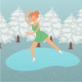 Winter background, cartoon woman skater vector illustration. Sport female active figure skating at ice, snow nature