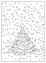 Winter background with christmas tree. Snowy landscape with tree. Coloring book page for children. outline vector illustration