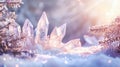 Winter background with clea quartz crystals