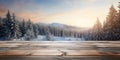 Winter background, old empty wooden table over a lake with trees and copy space. Generative AI Royalty Free Stock Photo