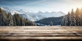 Winter background, old empty wooden table over a lake with trees and copy space. Generative AI Royalty Free Stock Photo