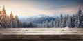 Winter background, old empty wooden table over a lake with trees and copy space. Generative AI Royalty Free Stock Photo