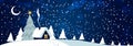 Winter background with copy space for text. Snowy Christmas landscape with a house and a New Year tree, night snowfall Royalty Free Stock Photo