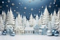 Winter background designed in an origami style, featuring a serene landscape adorned with intricate white and blue origami winter