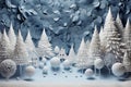 Winter background designed in an origami style, featuring a serene landscape adorned with intricate white and blue origami winter