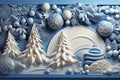 Winter background designed in an origami style, featuring a serene landscape adorned with intricate white and blue origami winter