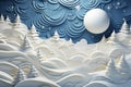 Winter background designed in an origami style, featuring a serene landscape adorned with intricate white and blue origami winter